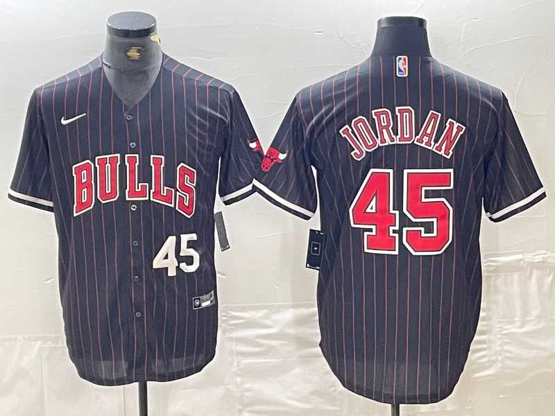 Men%27s Chicago Bulls #45 Michael Jordan Number Black Pinstripe Cool Base Stitched Baseball Jersey